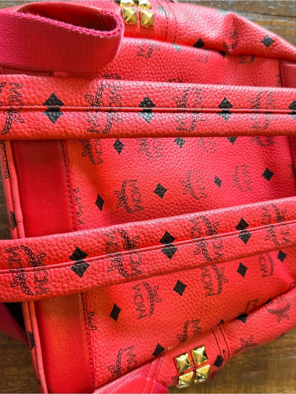 MCM Pink Logo-Print Leather Backpack with Gold Hardware